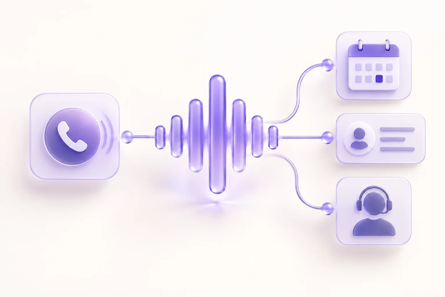 Illustration of a caller connected to a voice agent, booking, lead record, and handoff
